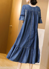 Plus Size Blue O-Neck Embroideried Ruffles Cotton Denim Dress Flare Sleeve