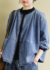 Plus Size Blue O-Neck Patchwork zippered Denim Coats