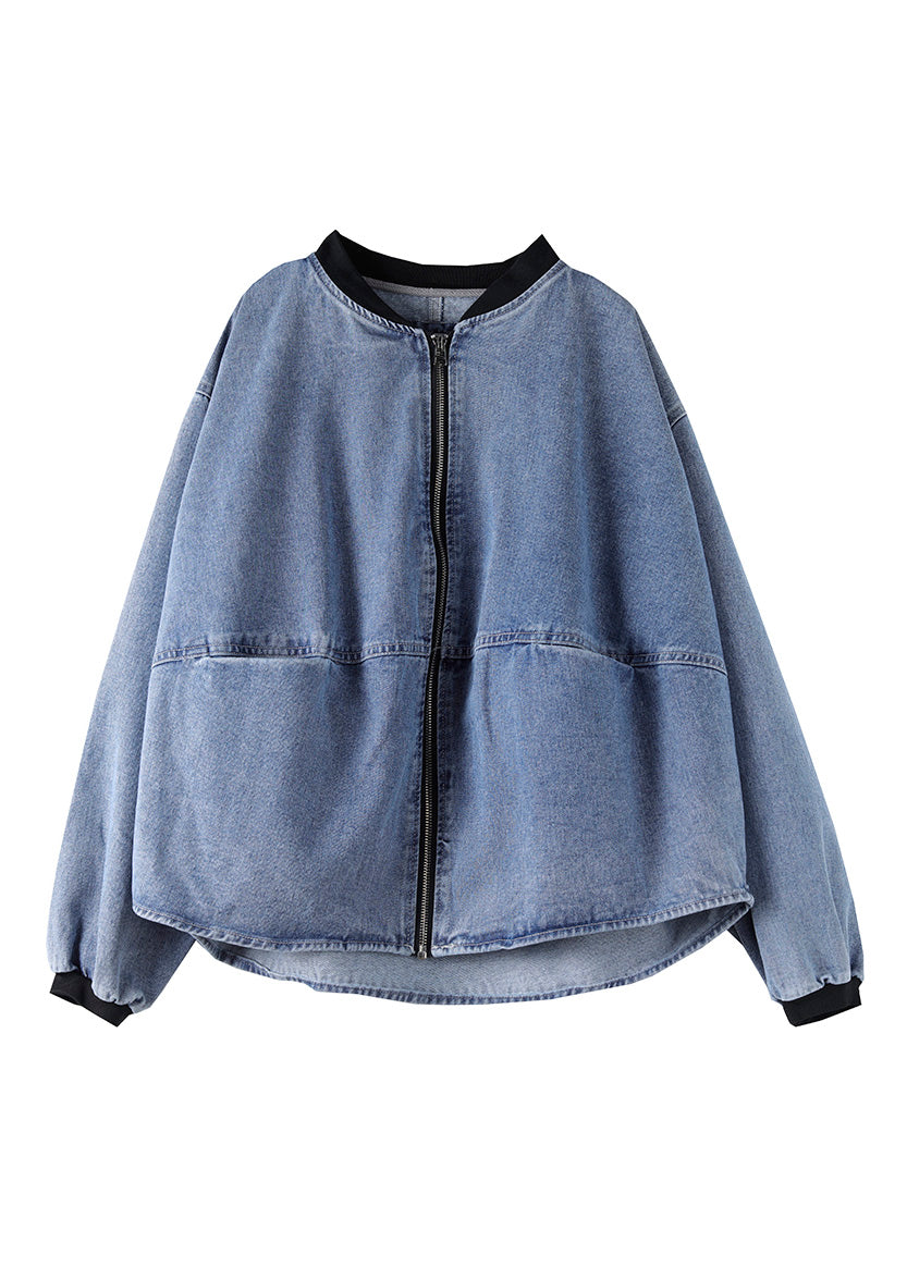 Plus Size Blue O-Neck Patchwork zippered Denim Coats