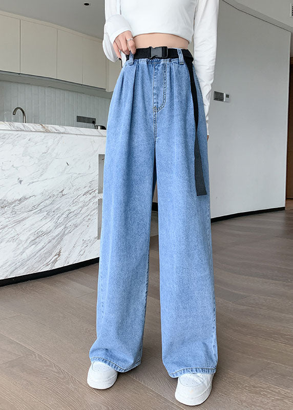 Plus Size Blue Original Design Elastic Waist Pockets Cotton Denim Wide Leg Pants