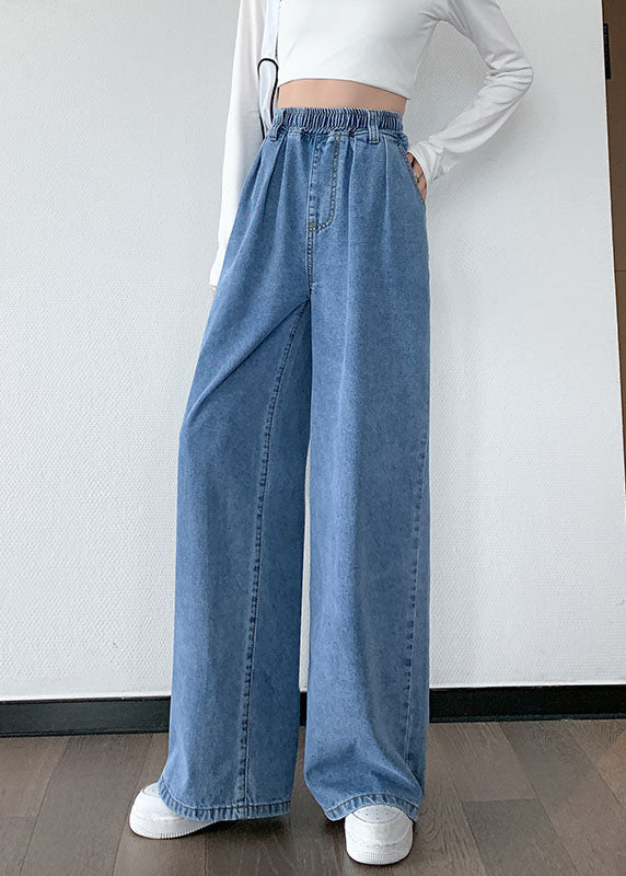 Plus Size Blue Original Design Elastic Waist Pockets Cotton Denim Wide Leg Pants