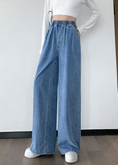 Plus Size Blue Original Design Elastic Waist Pockets Cotton Denim Wide Leg Pants