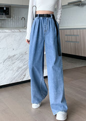 Plus Size Blue Original Design Elastic Waist Pockets Cotton Denim Wide Leg Pants