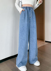 Plus Size Blue Original Design Elastic Waist Pockets Cotton Denim Wide Leg Pants