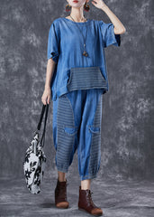 Plus Size Blue Oversized Patchwork Pockets Denim Two Pieces Set