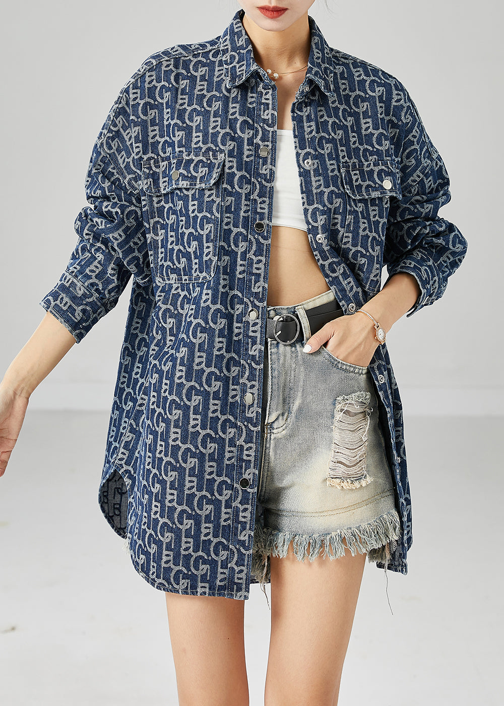 Plus Size Blue Oversized Print Denim Coat Outwear Fall