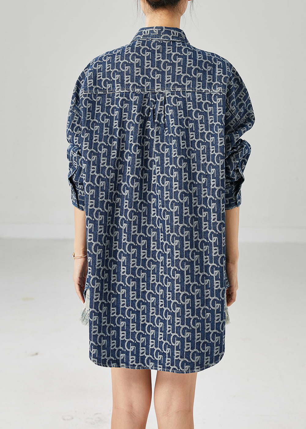 Plus Size Blue Oversized Print Denim Coat Outwear Fall