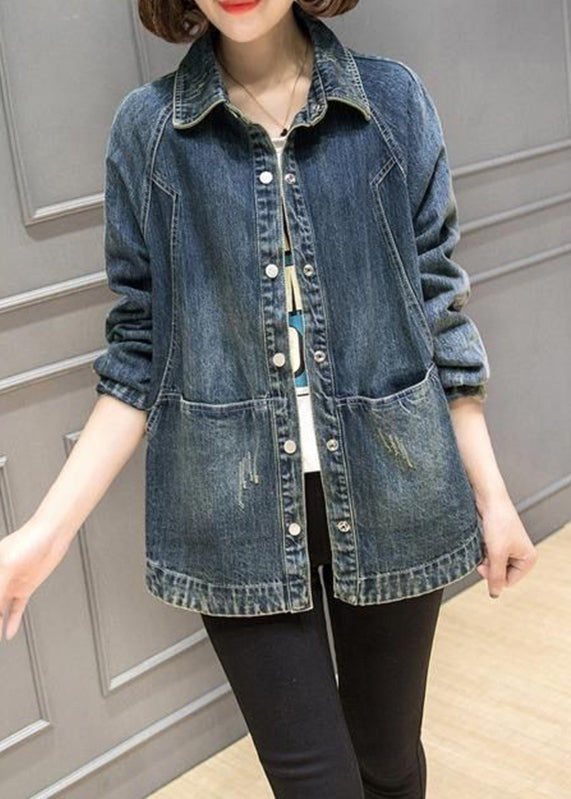 Plus Size Blue Peter Pan Collar Pockets Patchwork Denim Coats Fall