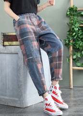 Plus Size Blue Plaid Patchwork denim Pants