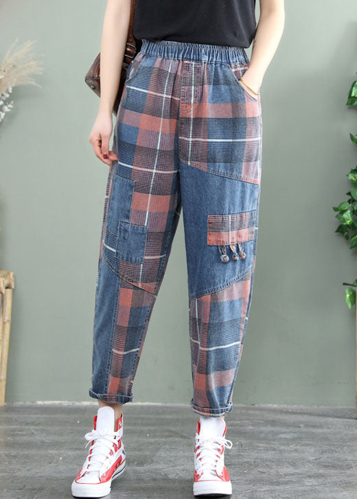 Plus Size Blue Plaid Patchwork denim Pants