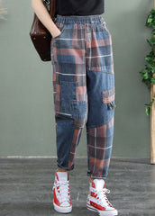 Plus Size Blue Plaid Patchwork denim Pants