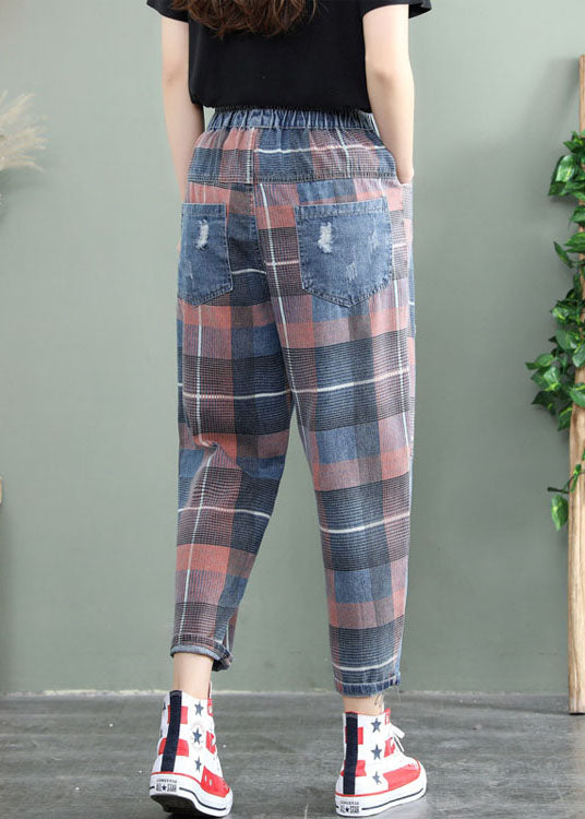 Plus Size Blue Plaid Patchwork denim Pants