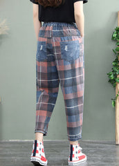 Plus Size Blue Plaid Patchwork denim Pants