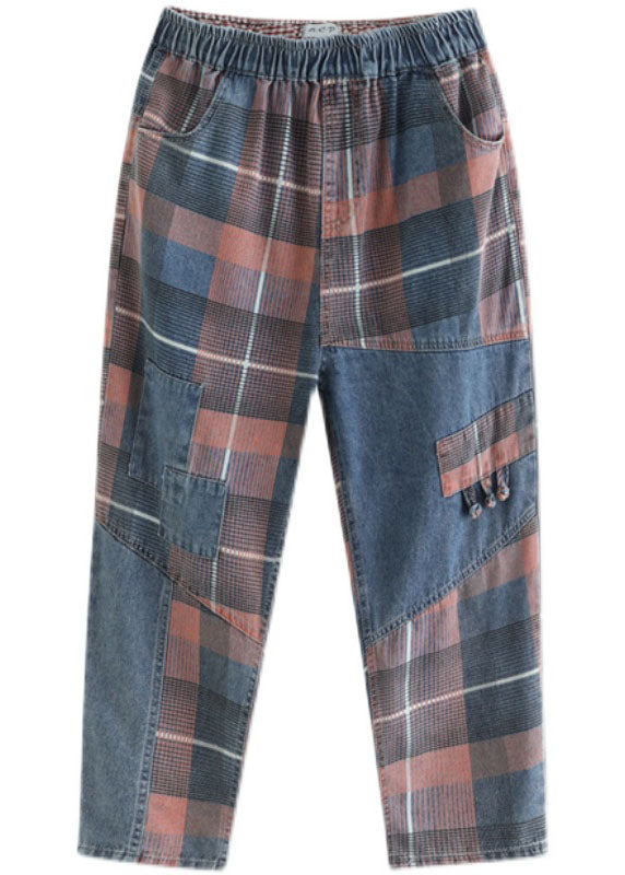 Plus Size Blue Plaid Patchwork denim Pants