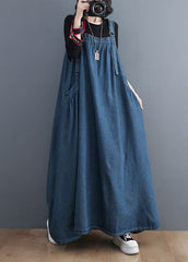 Plus Size Blue Pockets Patchwork Denim Spaghetti Strap Dress Sleeveless