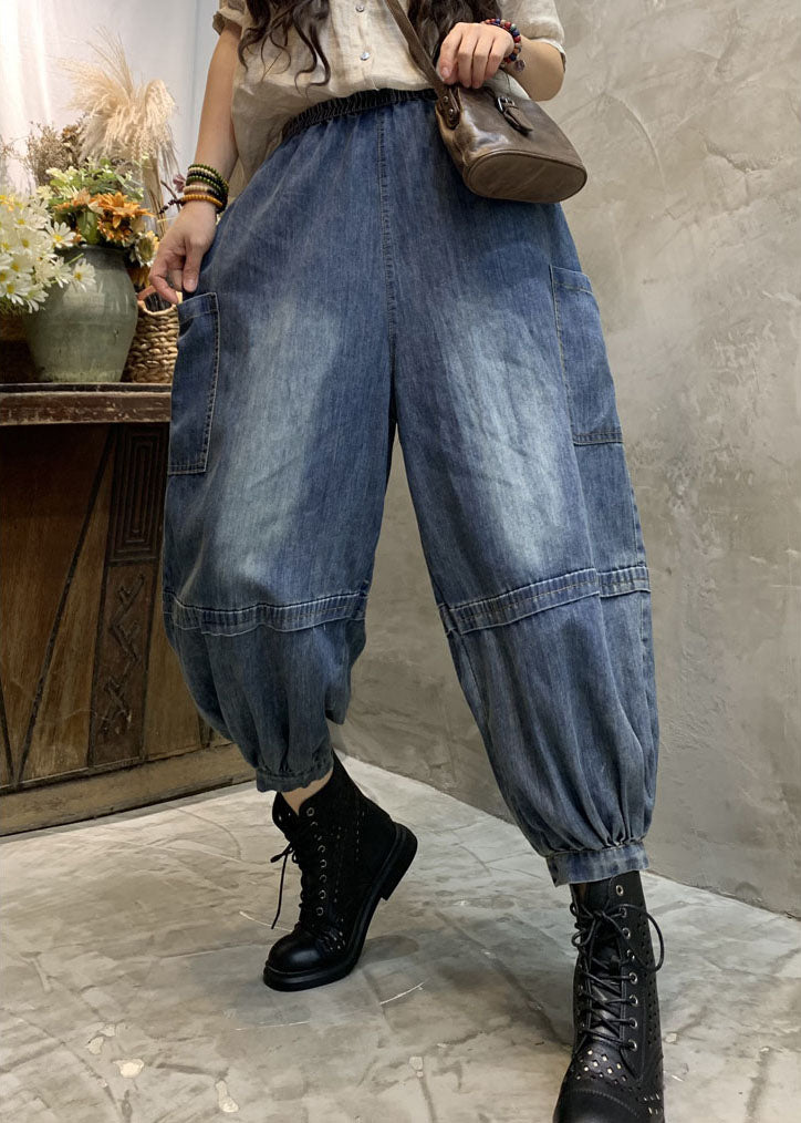 Plus Size Blue Pockets denim lantern Pants