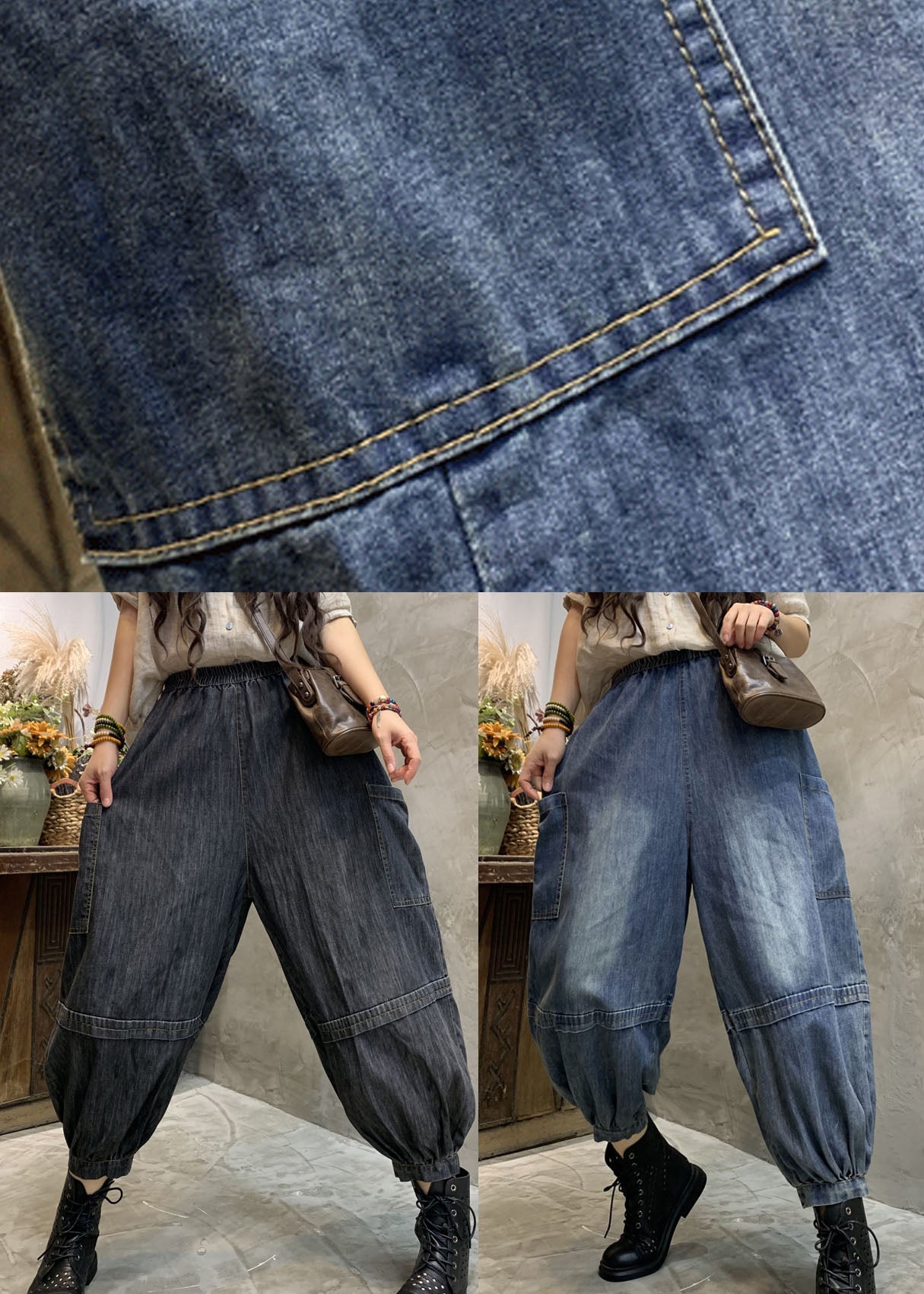 Plus Size Blue Pockets denim lantern Pants