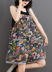 Plus Size Blue Print Pockets Patchwork Denim Shorts Jumpsuit
