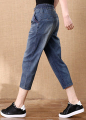 Plus Size Blue Solid Elastic Waist Pockets Cotton Denim Crop Pants