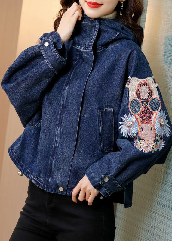 Plus Size Blue Stand Collar Embroideried Denim Coats