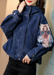 Plus Size Blue Stand Collar Embroideried Denim Coats