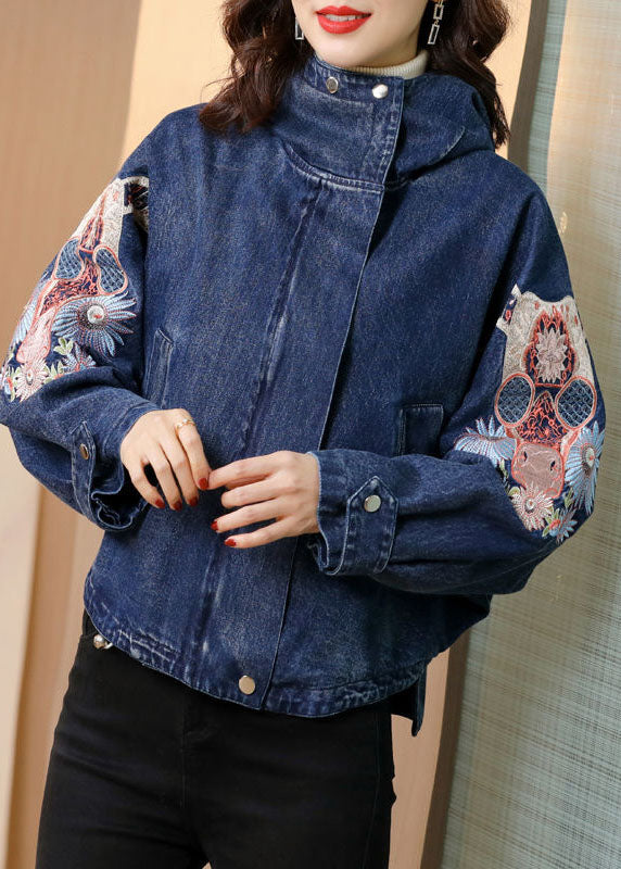 Plus Size Blue Stand Collar Embroideried Denim Coats