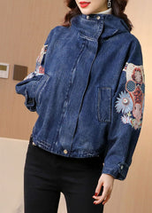 Plus Size Blue Stand Collar Embroideried Denim Coats