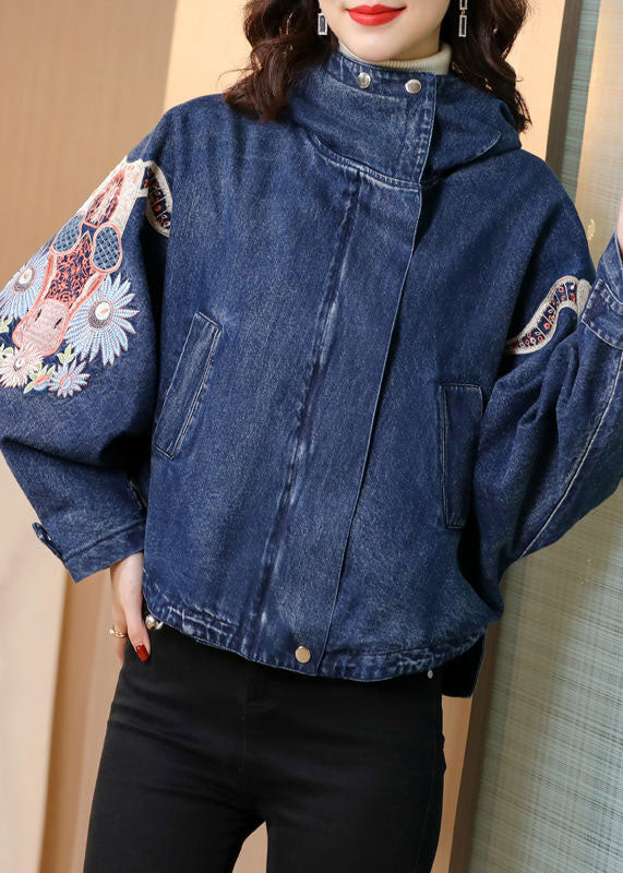 Plus Size Blue Stand Collar Embroideried Denim Coats