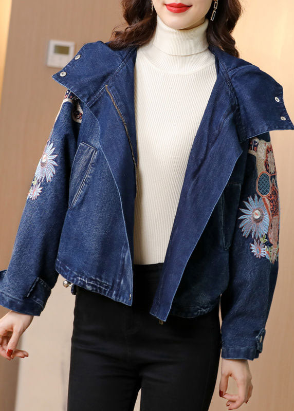 Plus Size Blue Stand Collar Embroideried Denim Coats