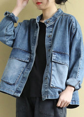 Plus Size Blue Stand Collar Patchwork Button Denim Coats Long Sleeve