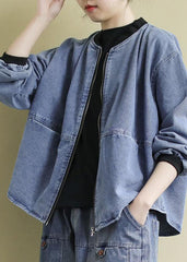 Plus Size Blue Stand Collar Patchwork Cotton Denim Coats Fall