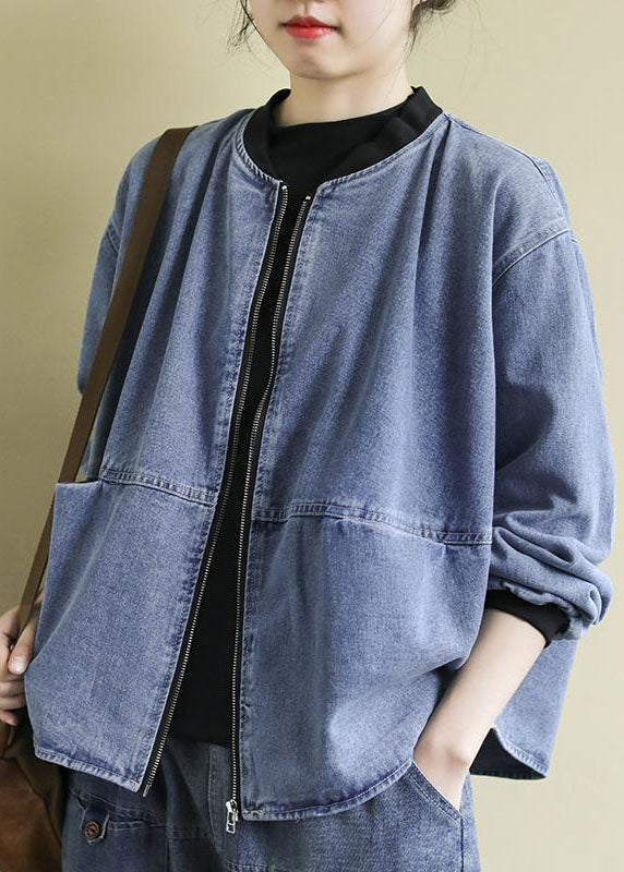 Plus Size Blue Stand Collar Patchwork Cotton Denim Coats Fall