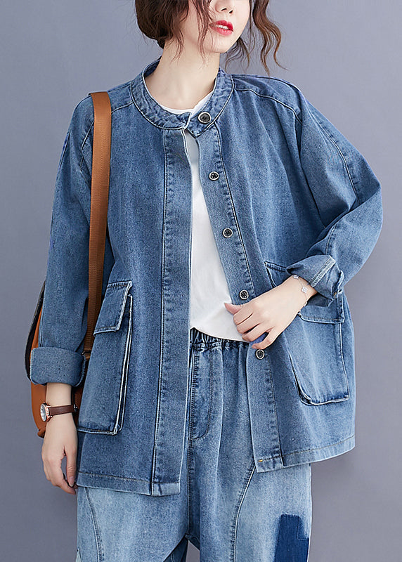 Plus Size Blue Stand Collar Pockets Patchwork Denim Coats Fall