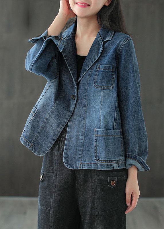 Plus Size Blue button pockets V Neck denim Coats Long Sleeve