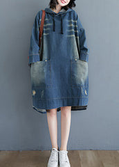 Plus Size Blue drawstring Hooded pocket Denim Dress Long Sleeve