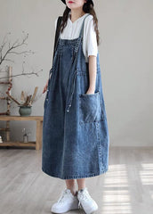 Plus Size Blue-brown flower drawstring pocket Spaghetti Strap Cotton denim Dress