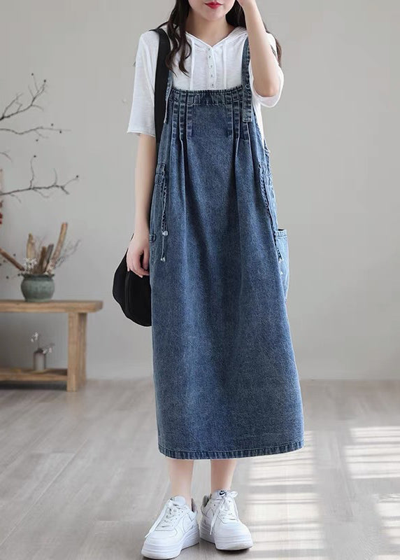 Plus Size Blue-brown flower drawstring pocket Spaghetti Strap Cotton denim Dress