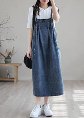 Plus Size Blue-Leaves drawstring pocket Spaghetti Strap Cotton denim Dress