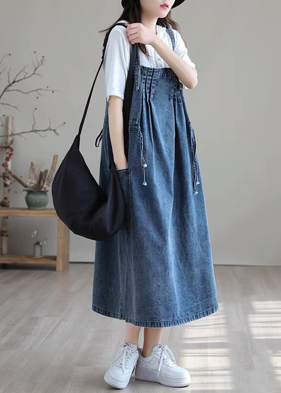 Plus Size Blue-sunflower drawstring pocket Spaghetti Strap Cotton denim Dress