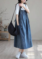 Plus Size Blue-white flower drawstring pocket Spaghetti Strap Cotton denim Dress