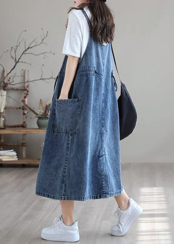 Plus Size Blue-white flower drawstring pocket Spaghetti Strap Cotton denim Dress