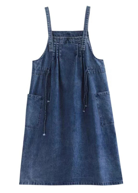 Plus Size Blue-sunflower drawstring pocket Spaghetti Strap Cotton denim Dress