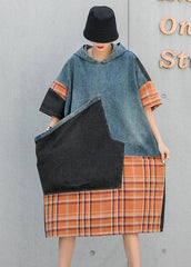 Plus Size Blue hooded Patchwork Plaid Pockets Fall Denim Dresses Half Sleeve