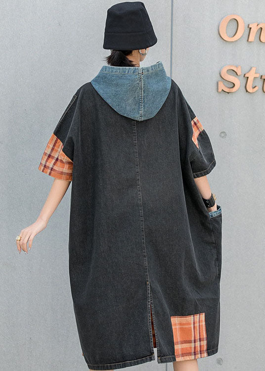 Plus Size Blue hooded Patchwork Plaid Pockets Fall Denim Dresses Half Sleeve