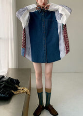 Plus Size Colorblock Denim Patchwork Striped Print Cotton Shirt Dresses
