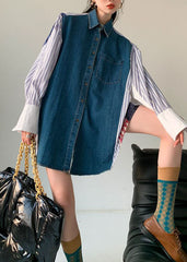 Plus Size Colorblock Denim Patchwork Striped Print Cotton Shirt Dresses