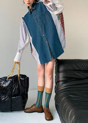 Plus Size Colorblock Denim Patchwork Striped Print Cotton Shirt Dresses
