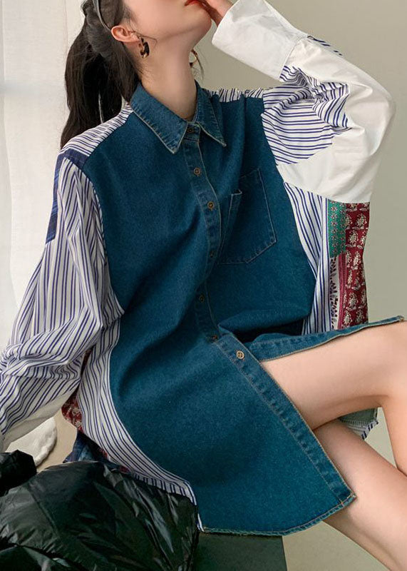 Plus Size Colorblock Denim Patchwork Striped Print Cotton Shirt Dresses