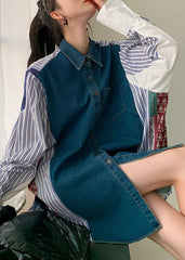 Plus Size Colorblock Denim Patchwork Striped Print Cotton Shirt Dresses
