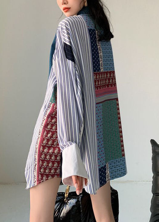 Plus Size Colorblock Denim Patchwork Striped Print Cotton Shirt Dresses